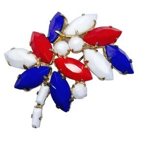 VTG Patriotic Red White Blue Glass Flower Brooch Gold Tone 1960s Pin, Americana